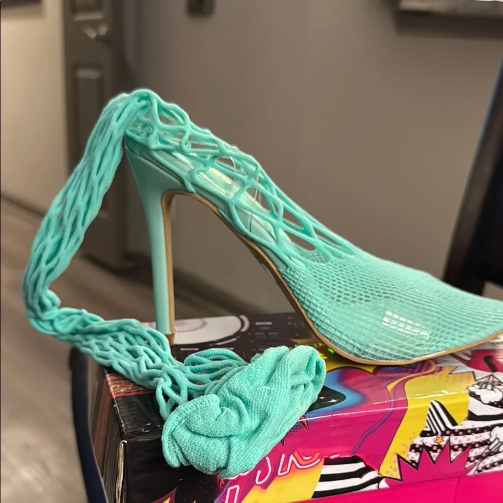 Cape Robbin Sea Green/Teal Fishnet Sock Heels with Plastic Secure Straps❣️❣️BNIB